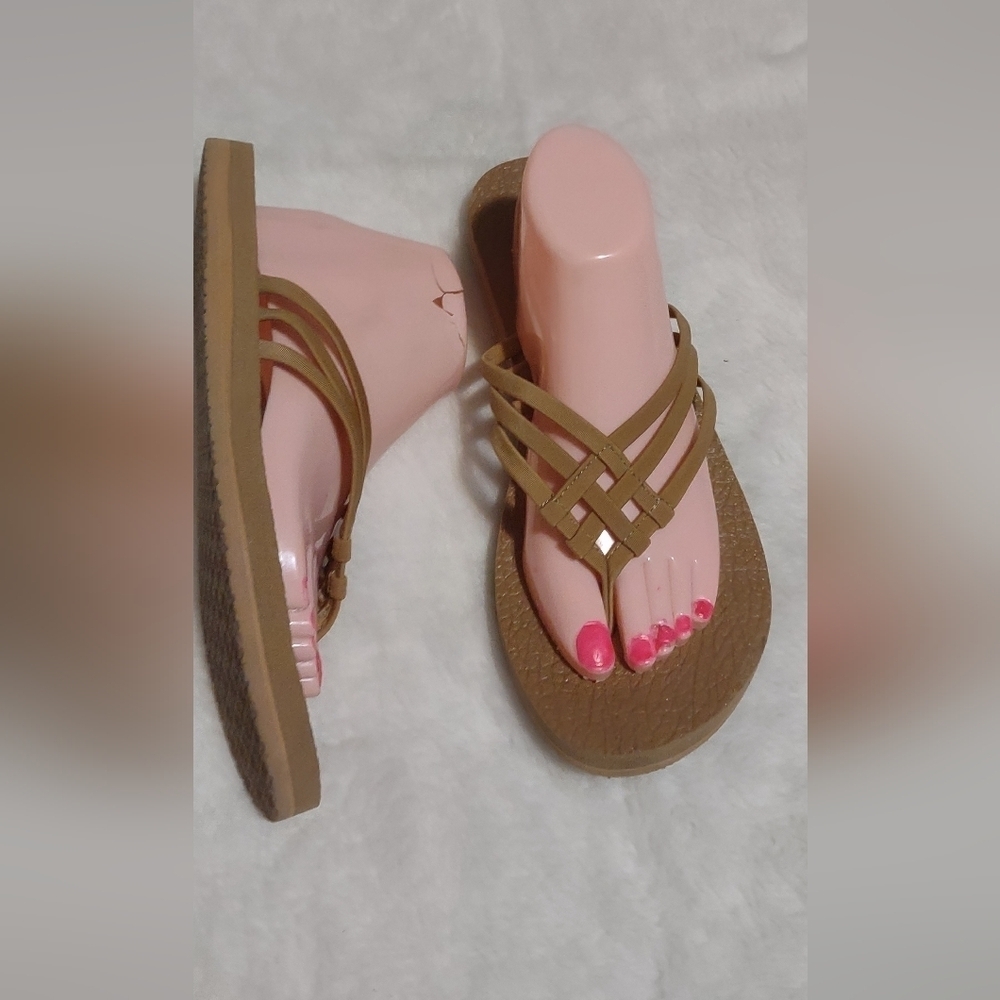 Sanuk Tan Sandals with Strappy Design and Flat Sole